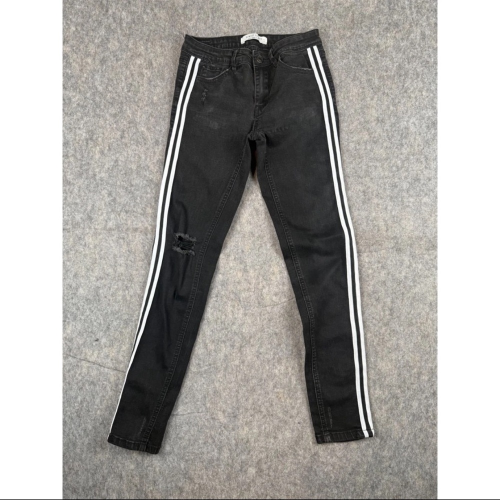 Almost Famous Skinny Jeans Womens Size 0 Black White Stripes Mid Rise Distressed